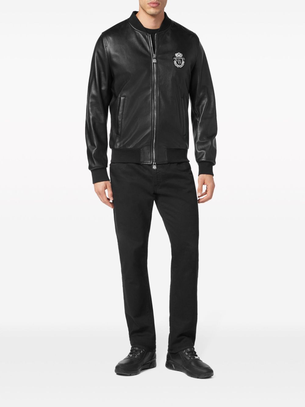 Shop Billionaire Logo-patch Leather Bomber Jacket In Schwarz