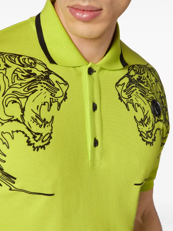 Plein Sport Tiger-print Cotton Polo Shirt Yellow FARFETCH UZ