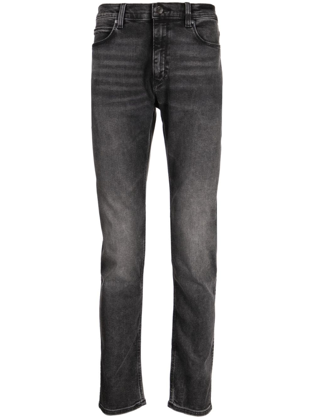 HUGO - Denim regular-fit jeans with stacked-logo jacquard