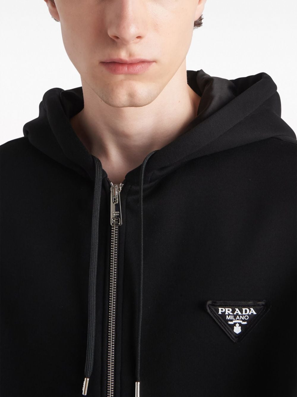 Shop Prada Logo-appliqué Zip-up Hoodie In Black