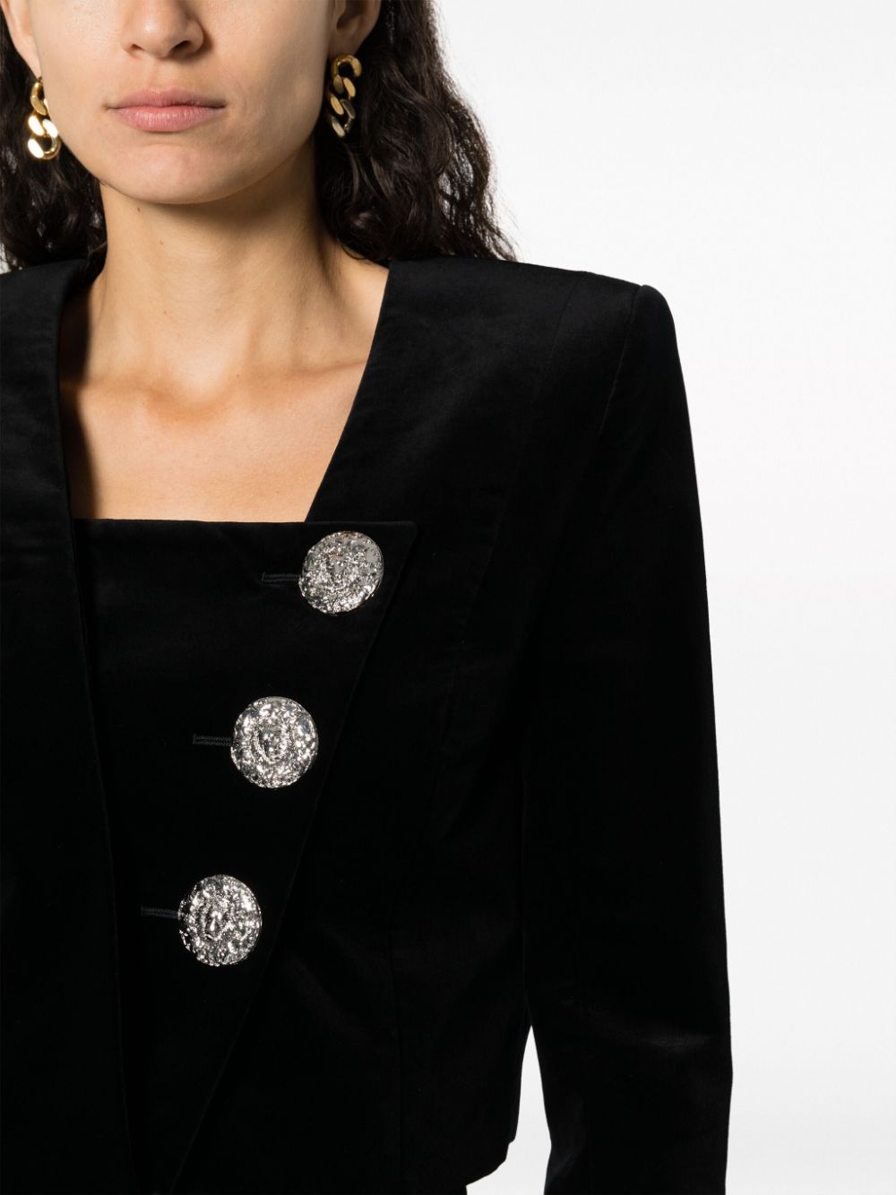 Shop Balmain Cropped Velvet Jacket In Black