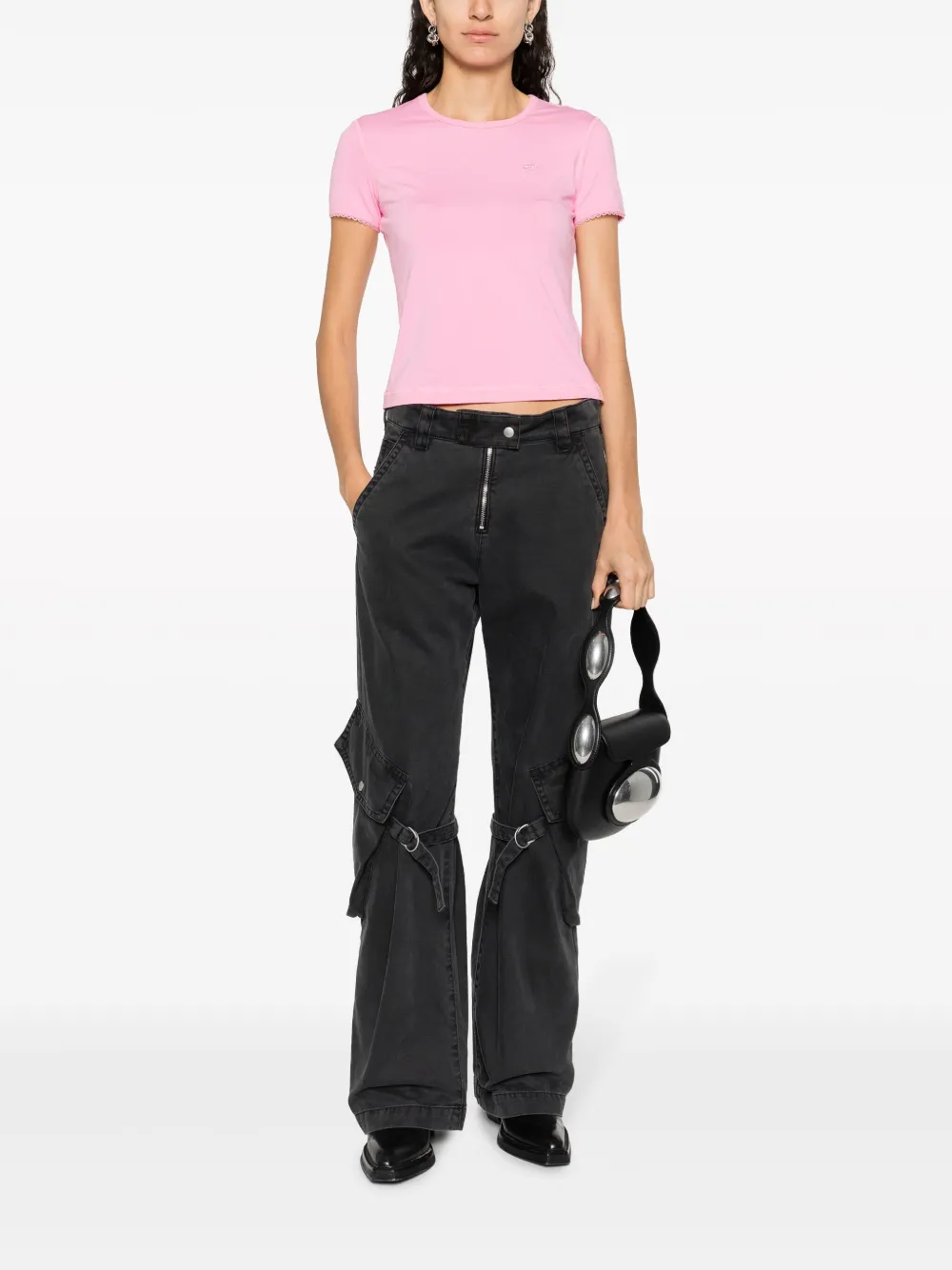Diesel logo-embroidered scallop-detailed T-shirt - Roze