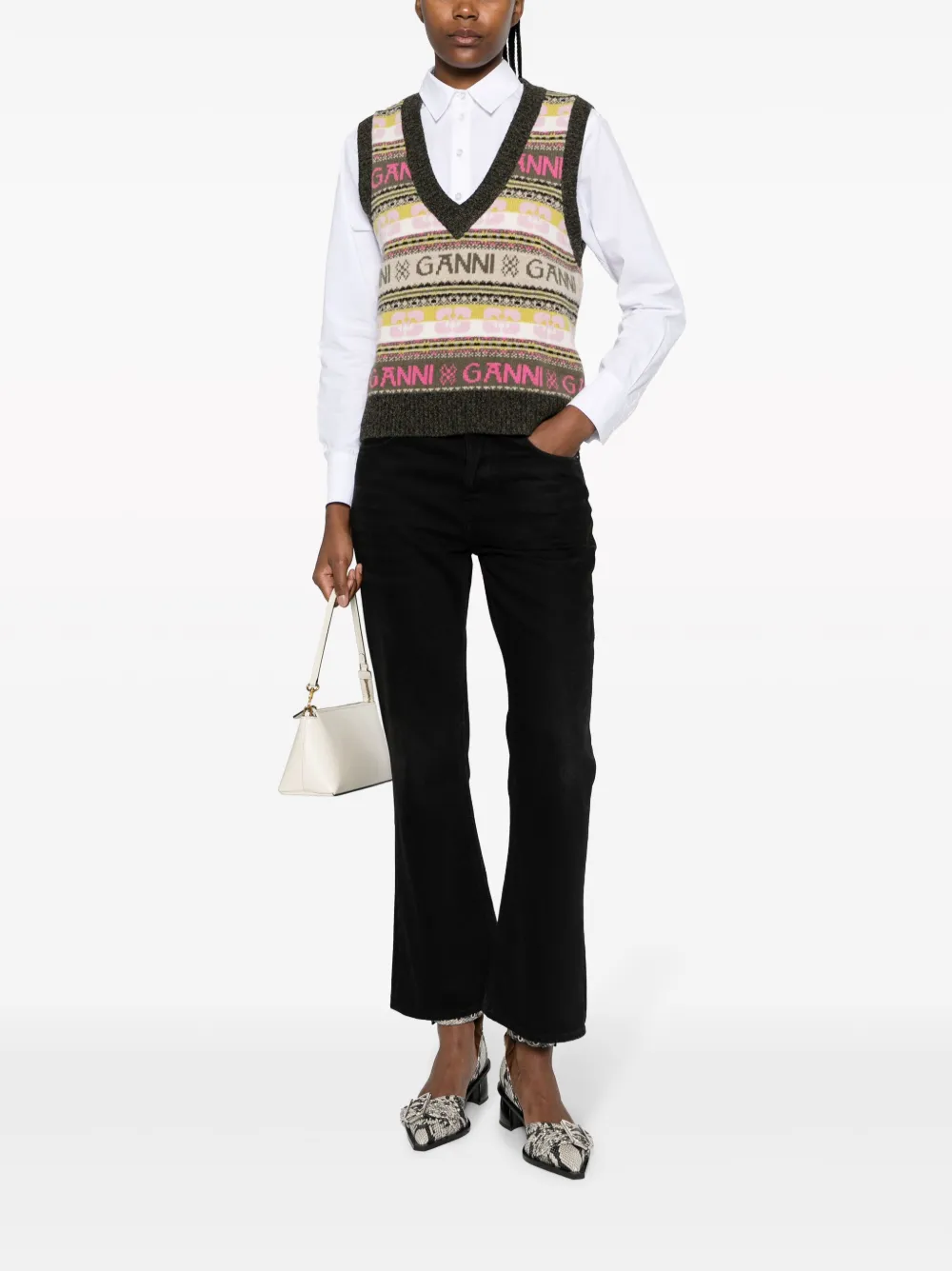 GANNI ribbed V-neck intarsia-knit vest - Groen
