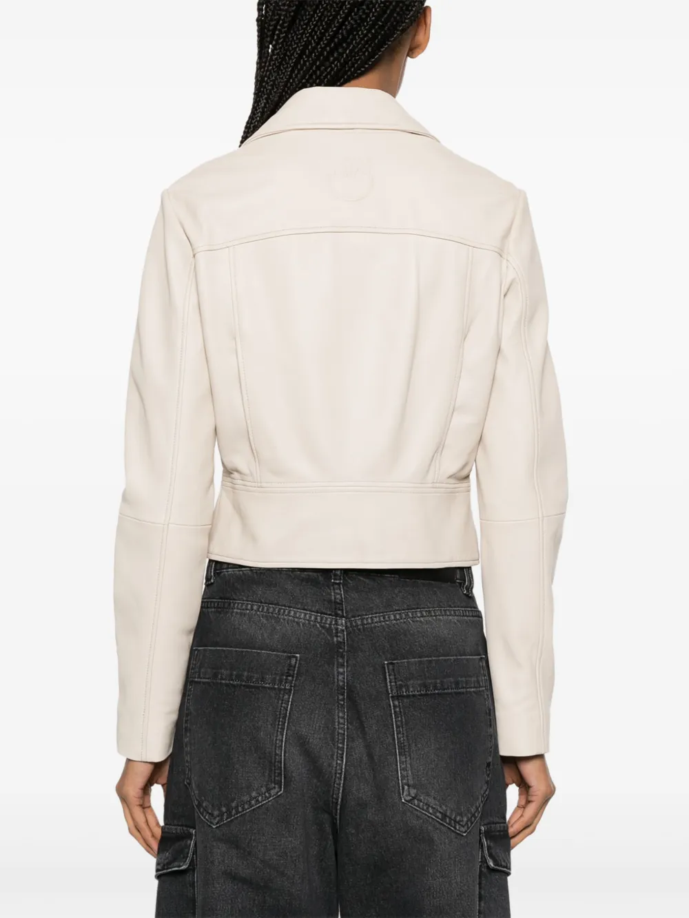 Shop Pinko Love Birds-embossed Nappa-leather Biker Jacket In Neutrals