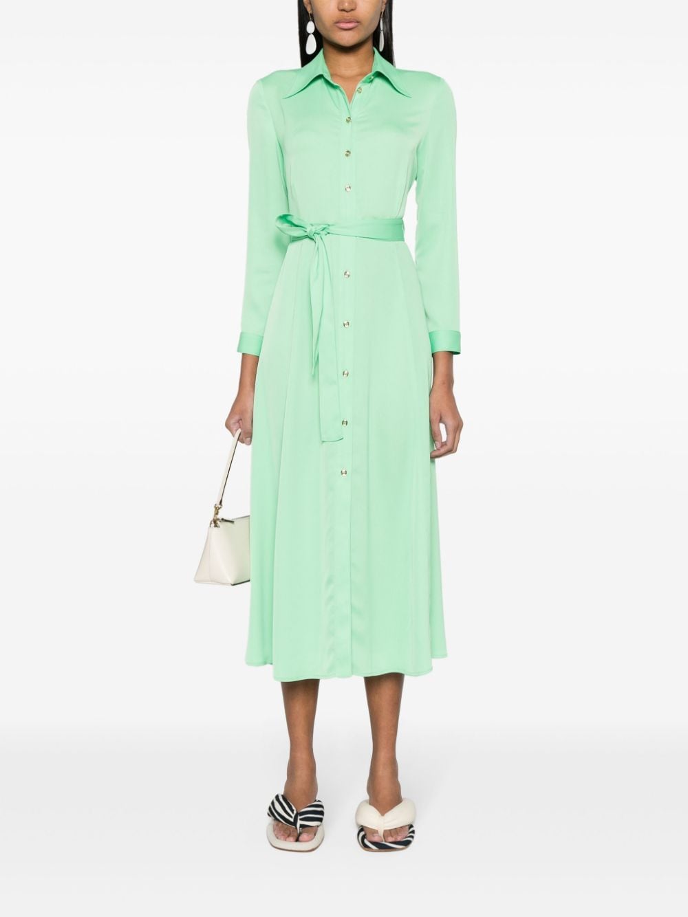 Shop Pinko Belted Crepe De Chine Midi Dress In Green