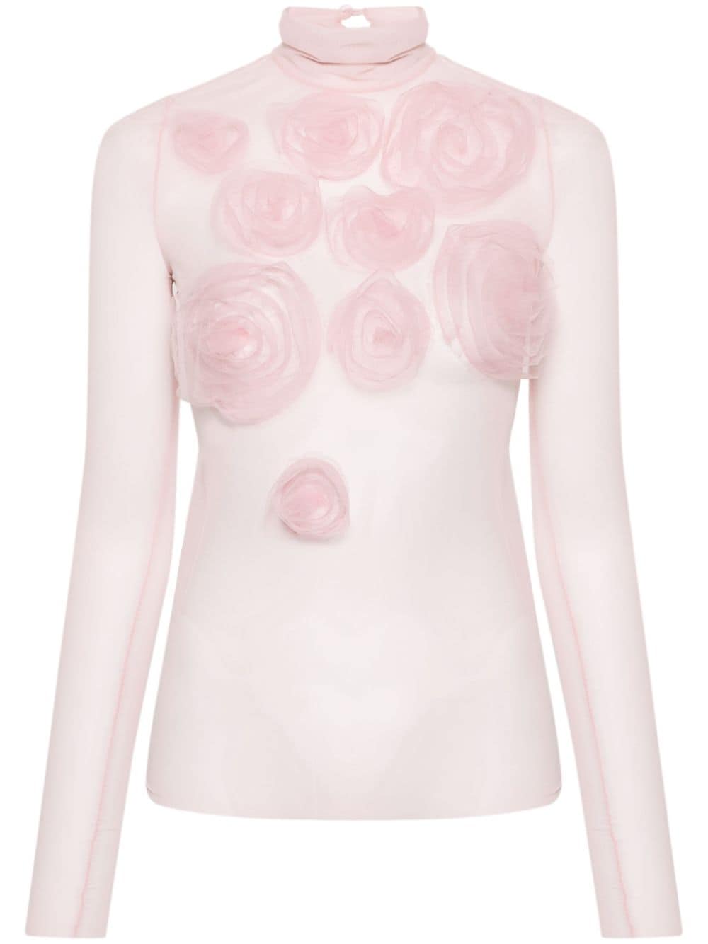 rose-appliqué sheer long-sleeve top