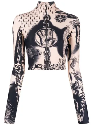Jean Paul Gaultier tattoo-print zip-up Crop Top | Neutrals | FARFETCH 