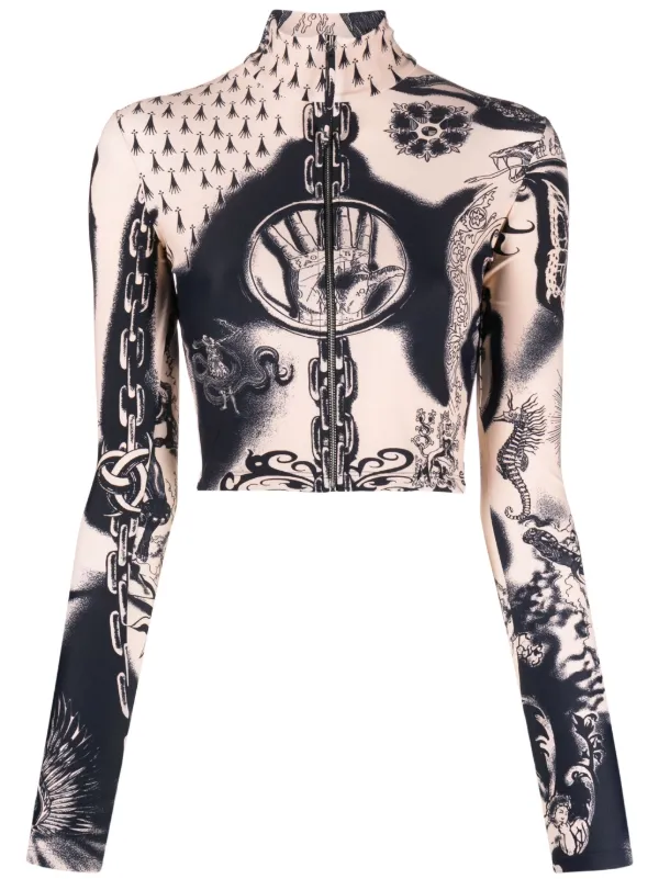 Jean Paul Gaultier tattoo-print zip-up Crop Top - Farfetch