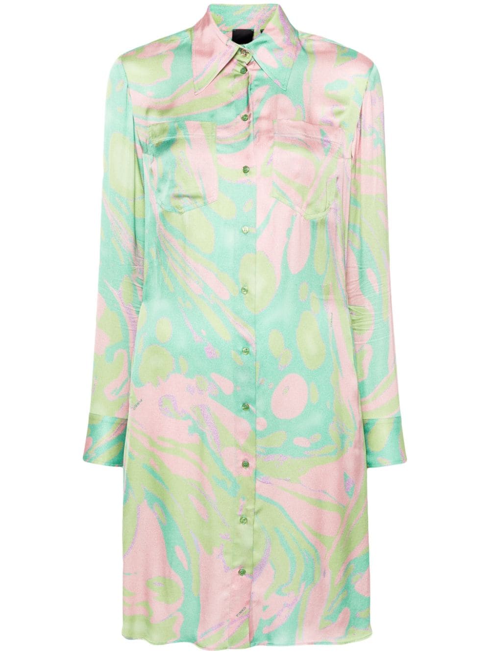 Pinko Abstract-print Satin Shirtdress In Green