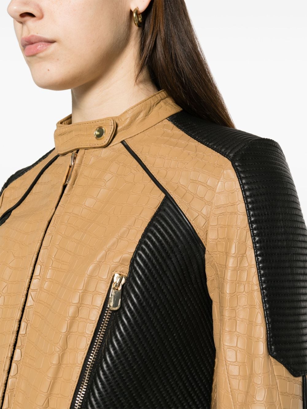 Shop Pinko Colour-block Panelled Leather Jacket In Brown