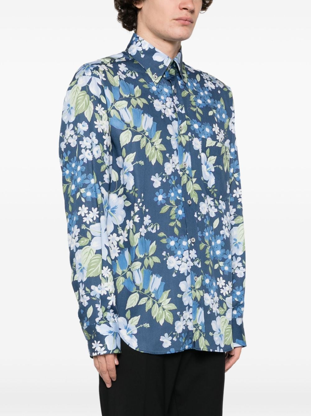 Shop Tom Ford Floral-print Spread-collar Shirt In Blue