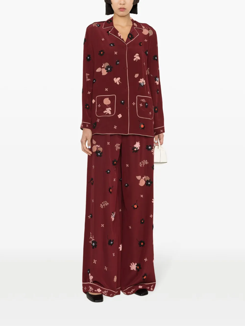 Pre-owned Valentino Embroidered-detail Silk Palazzo Pants In Red