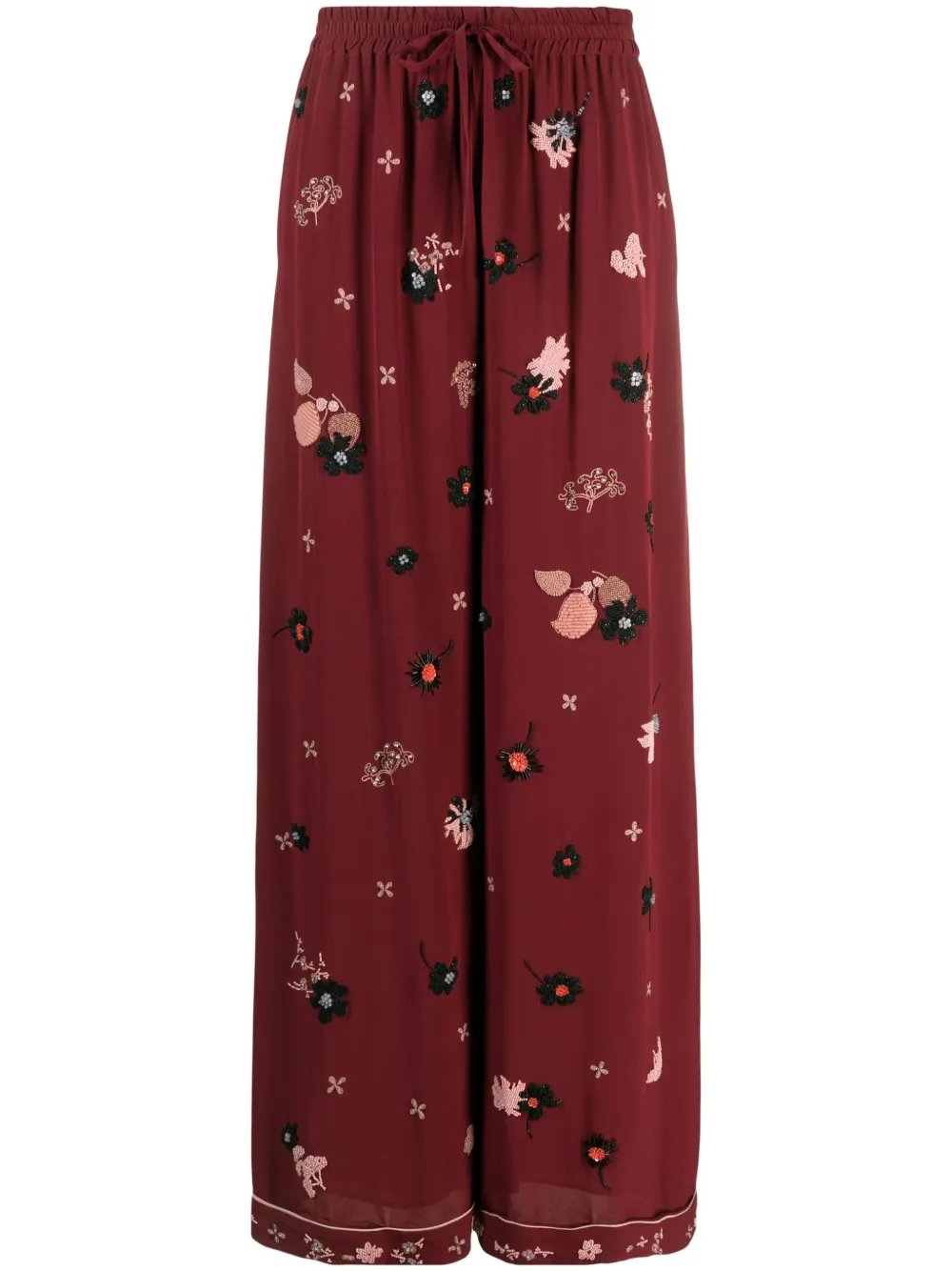 Pre-owned Valentino Embroidered-detail Silk Palazzo Pants In Red