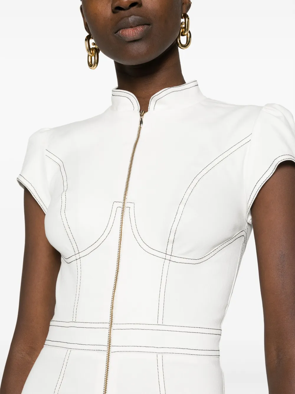 Murmur Underline Contrast-stitching Denim Dress In White