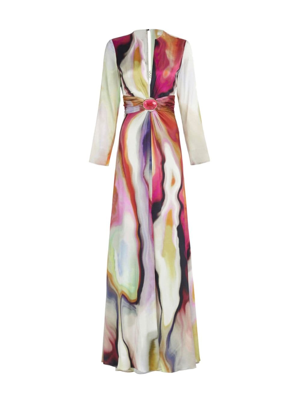 Silvia Tcherassi Zarina Plunging Oil-print Long-sleeve Gown In Iridescent Marble