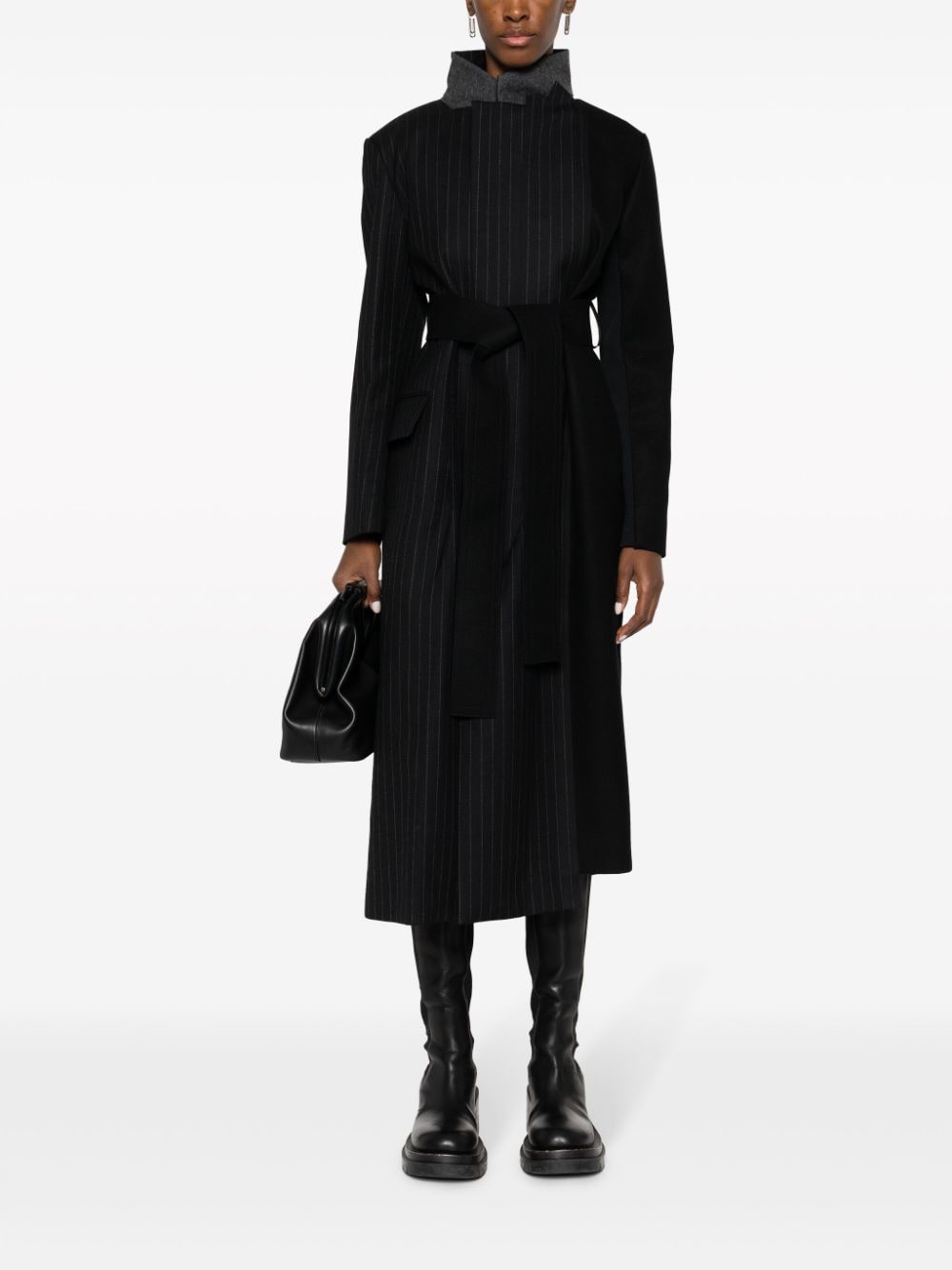 Shop Sacai Belted Pinstripe-pattern Wool Coat In Black