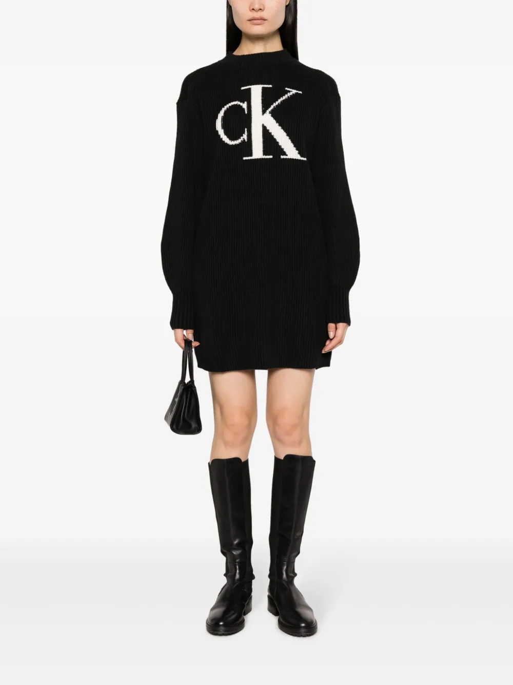 Calvin Klein logo-intarsia ribbed-knit minidress - Zwart