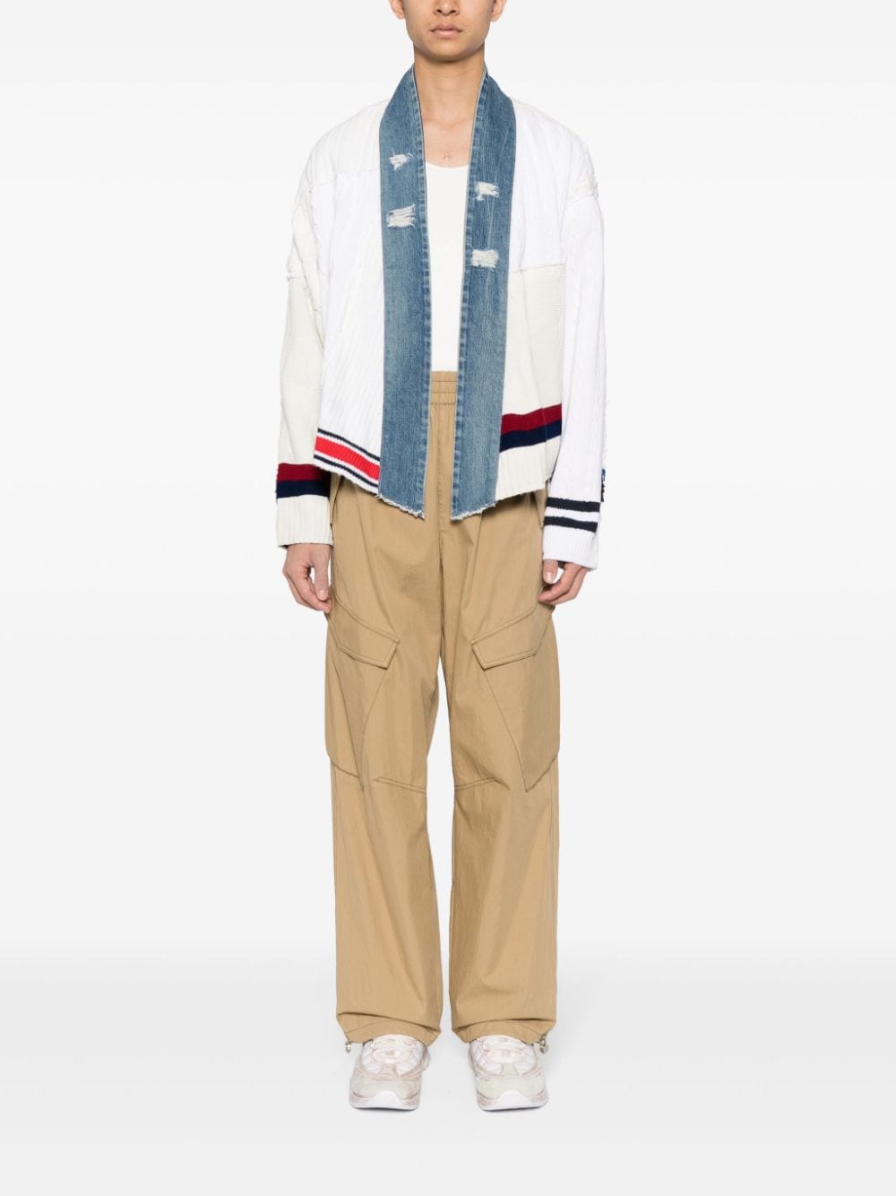 Shop Greg Lauren Panelled Cable-knit Cardigan In White