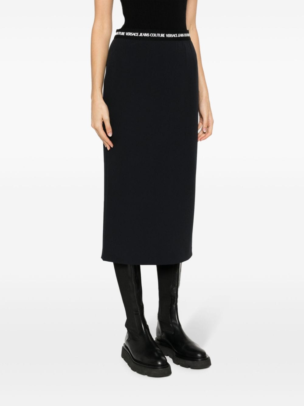 Shop Versace Jeans Couture Logo-waistband Straight Midi Skirt In Black