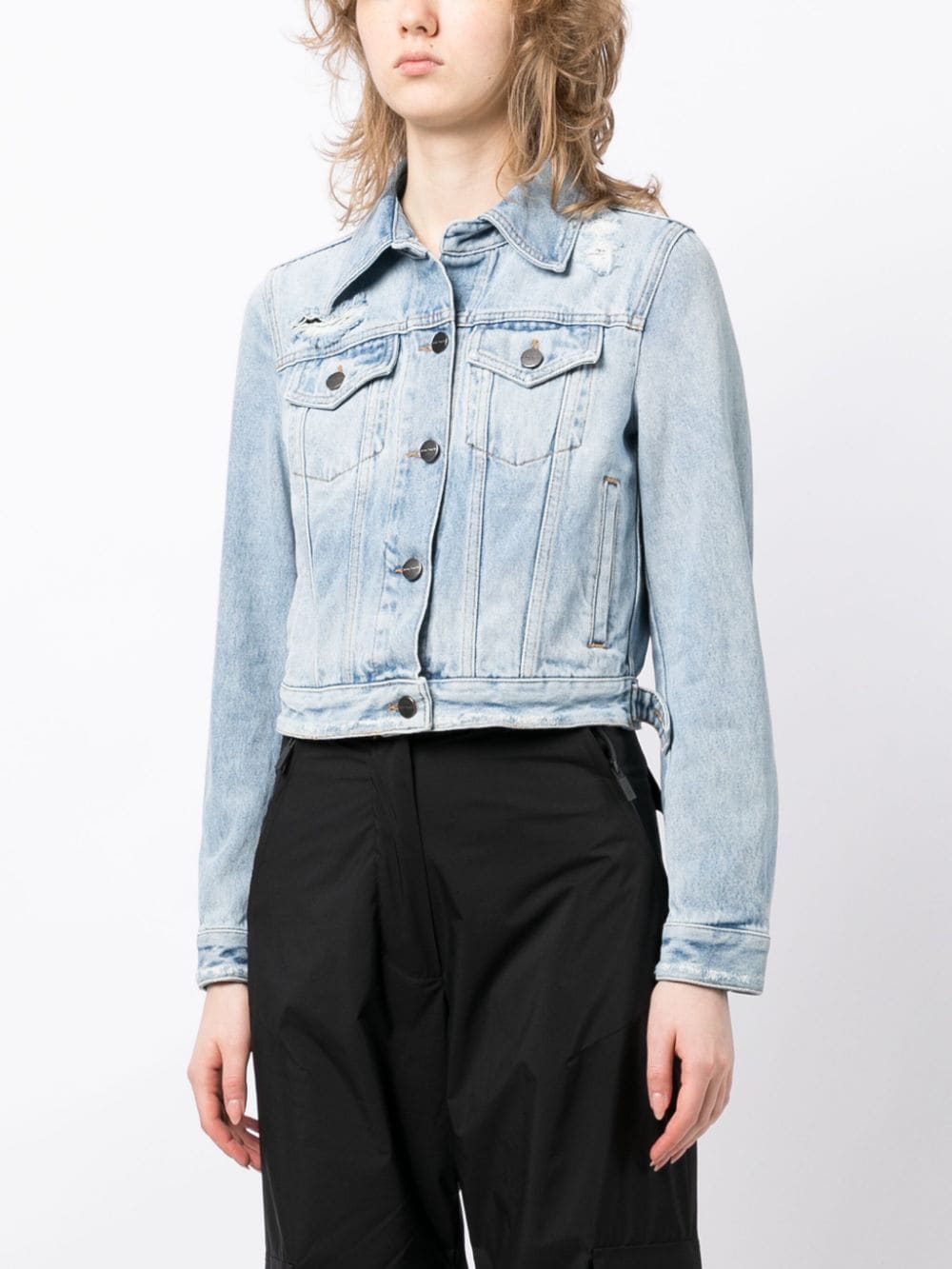 Palm Angels Distressed logo-patch Denim Jacket - Blue