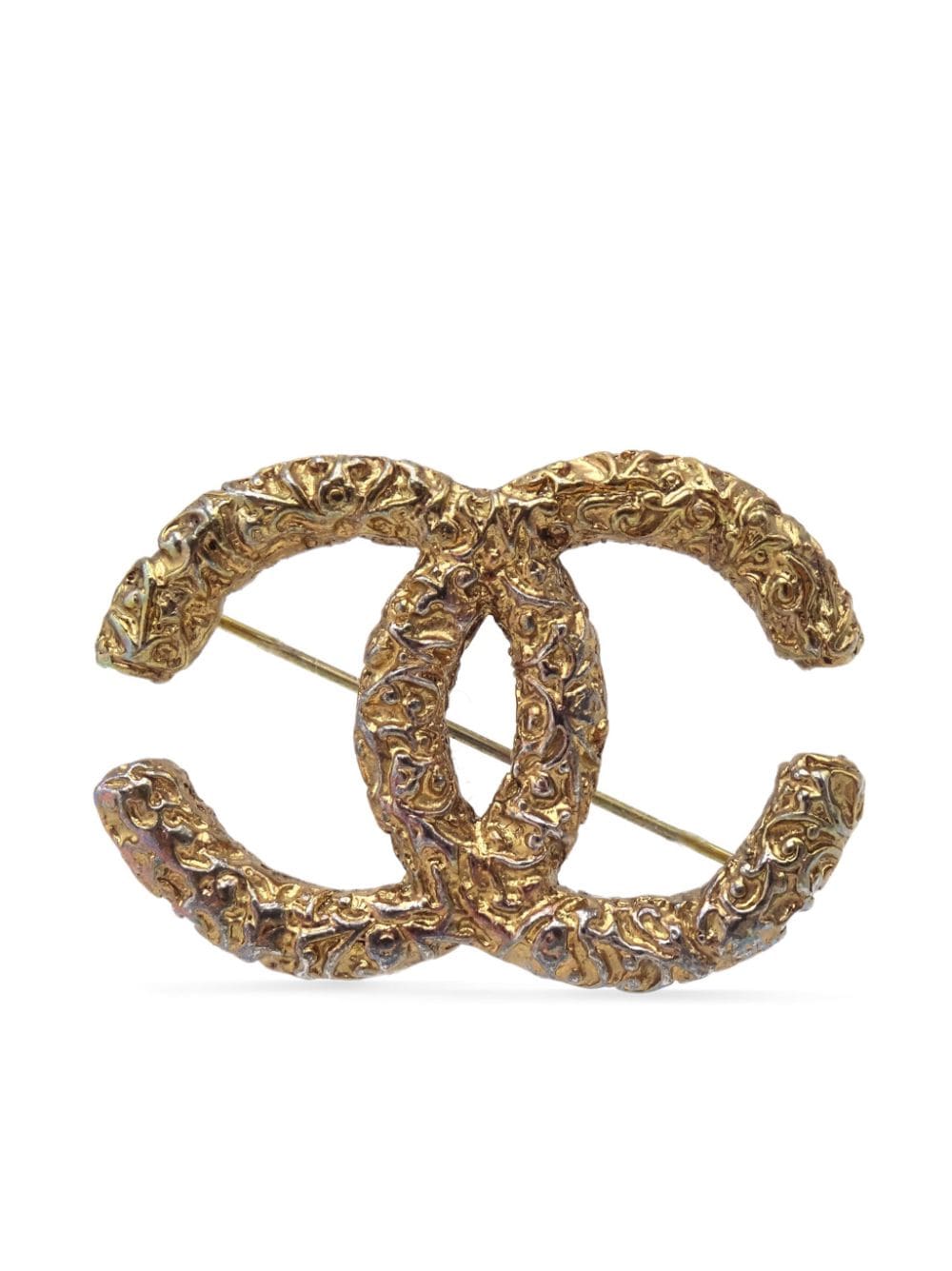 Pre-owned Chanel 1993 Embossed-finish Cc Brooch In Gold