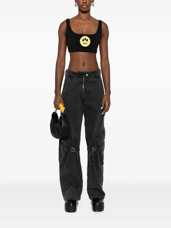 BARROW smiley-face Jersey Fleece Cropped Top | Black | FARFETCH