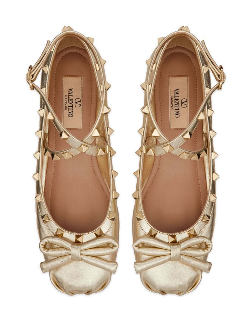 Shop Valentino Rockstud Leather Ballerina Shoes In Gold