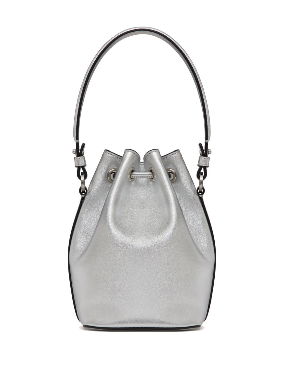 Shop Valentino Mini Vlogo Signature Metallic Bucket Bag In Grey