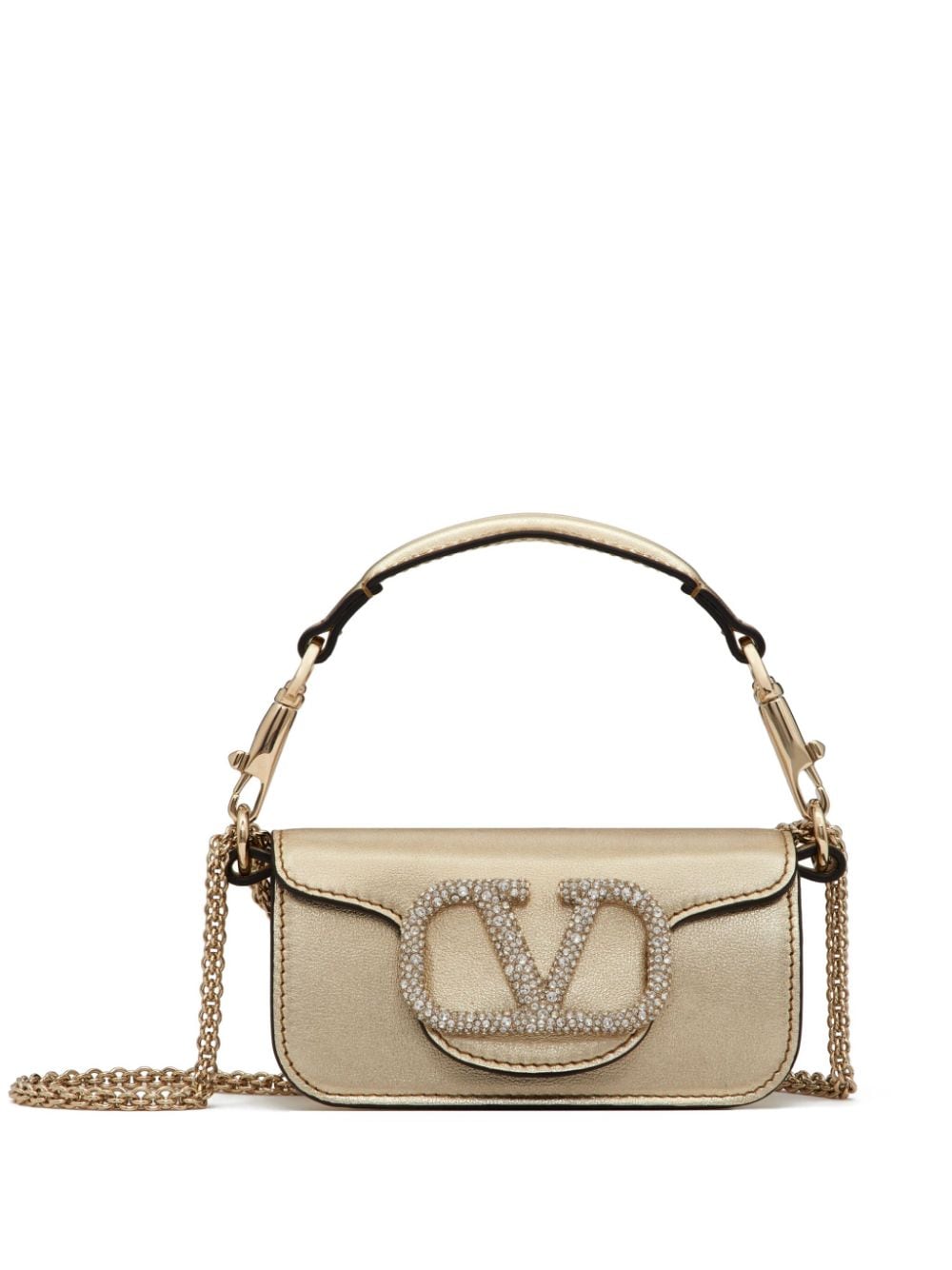 Shop Valentino Micro Locò Crystal-embellished Bag In Gold