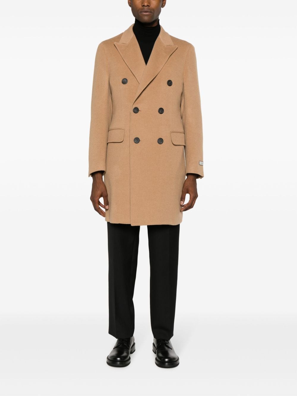 Shop Canali Logo-patch Double-breasted Coat In Neutrals