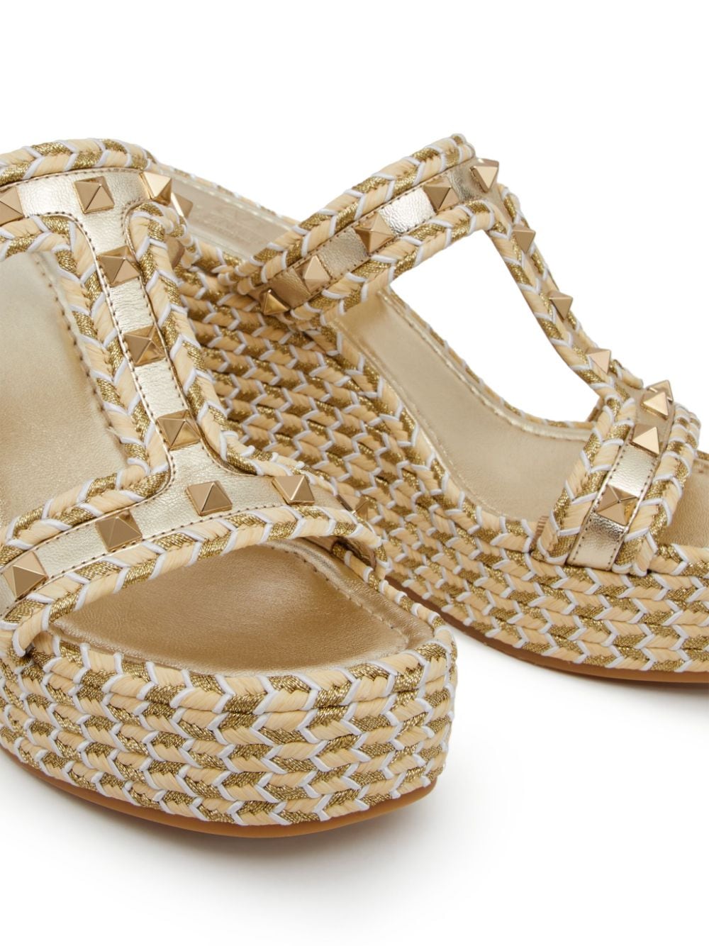 Shop Valentino Rockstud 90mm Woven Wedge Sandals In Neutrals