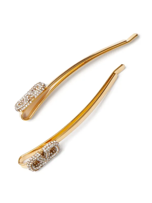 Valentino Garavani V Logo Signature Crystal Embellished Hair Clips in Gold VALENTINO GARAVANI Gold-tone and pearl hair slide | NET-A-PORTER main image 3
