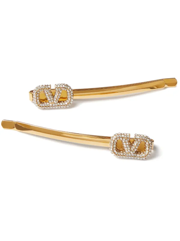 Valentino Garavani V Logo Signature Crystal Embellished Hair Clips in Gold VALENTINO GARAVANI Gold-tone and pearl hair slide | NET-A-PORTER main image 2