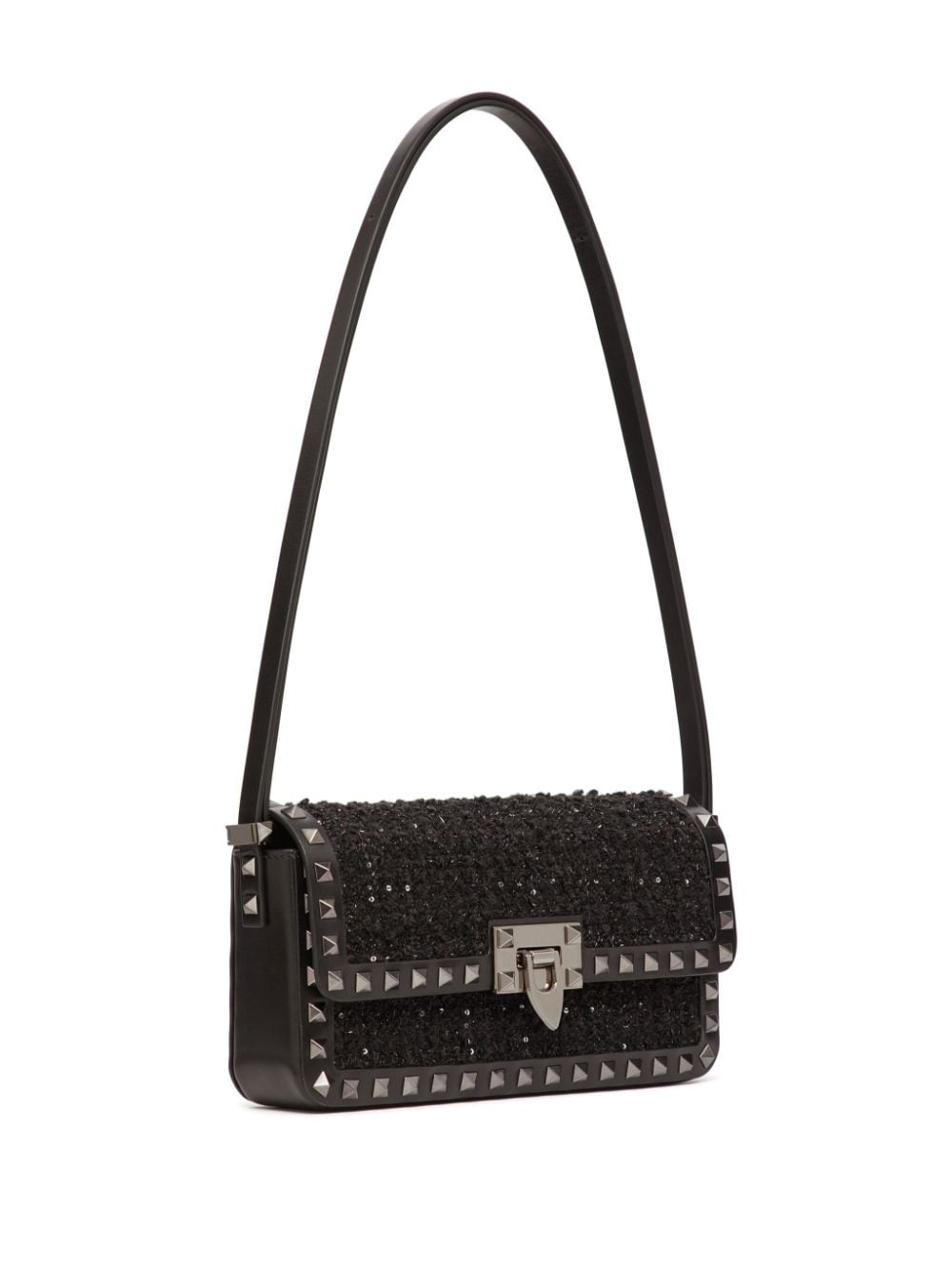 Shop Valentino Rockstud23 E/w Tweed Shoulder Bag In Black