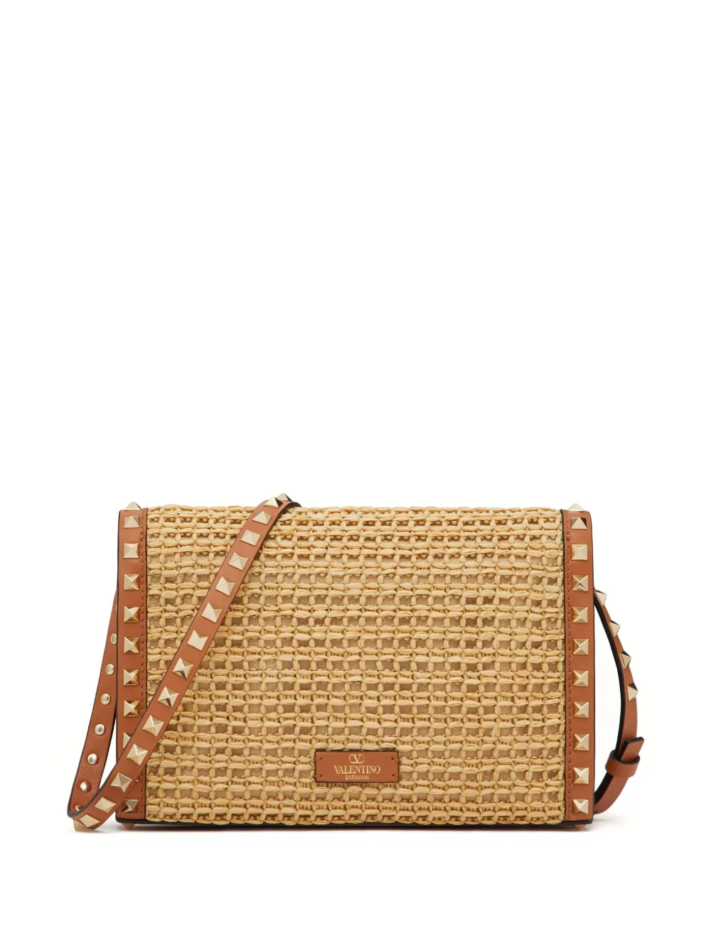 Valentino Garavani Rockstud raffia kleine schoudertas Beige