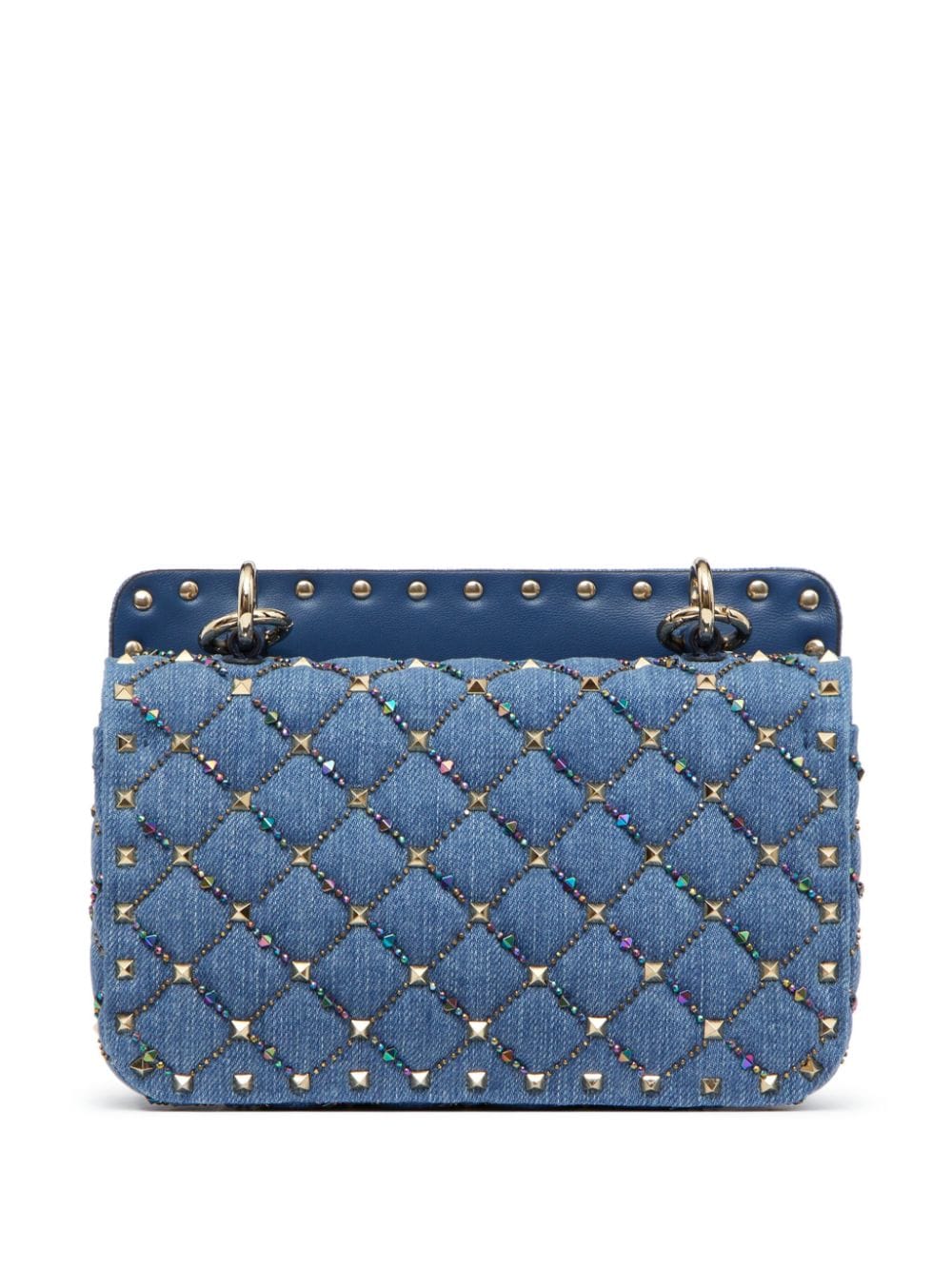 Shop Valentino Small Rockstud Spike Denim Crossbody Bag In Blue
