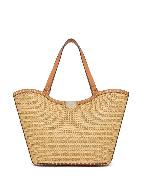 Valentino Garavani Rockstud raffia tote bag women Calf Leather Polyamide Cotton Metal Zamak Viscose Polyamide Calf Leather One Size Neutrals