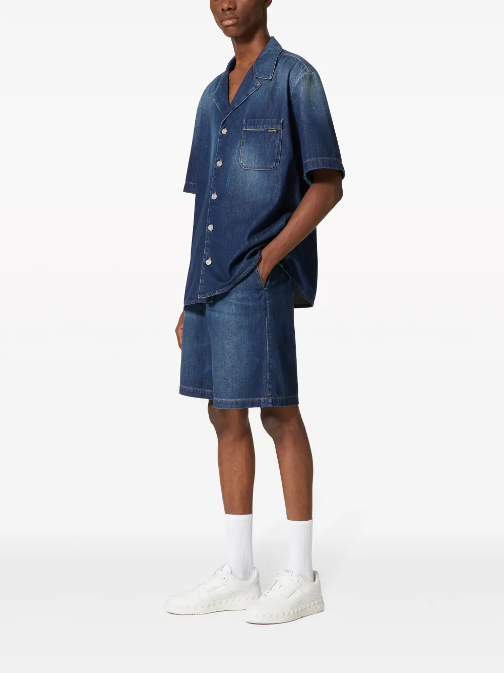 Shop Valentino Denim Chambray Bermuda Shorts In Blue