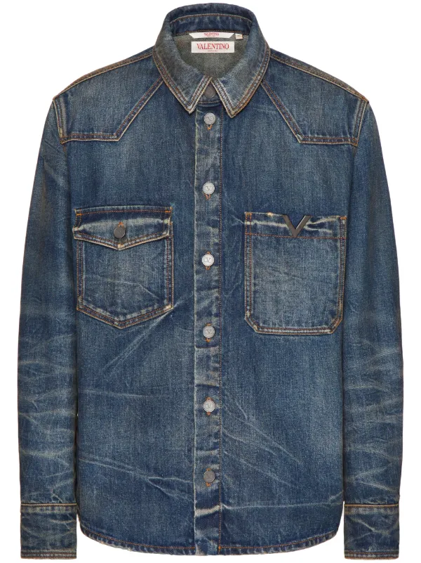 注目 Garavani Valentino V-detail FARFETCH | Blue | Shirt Denim トップス
