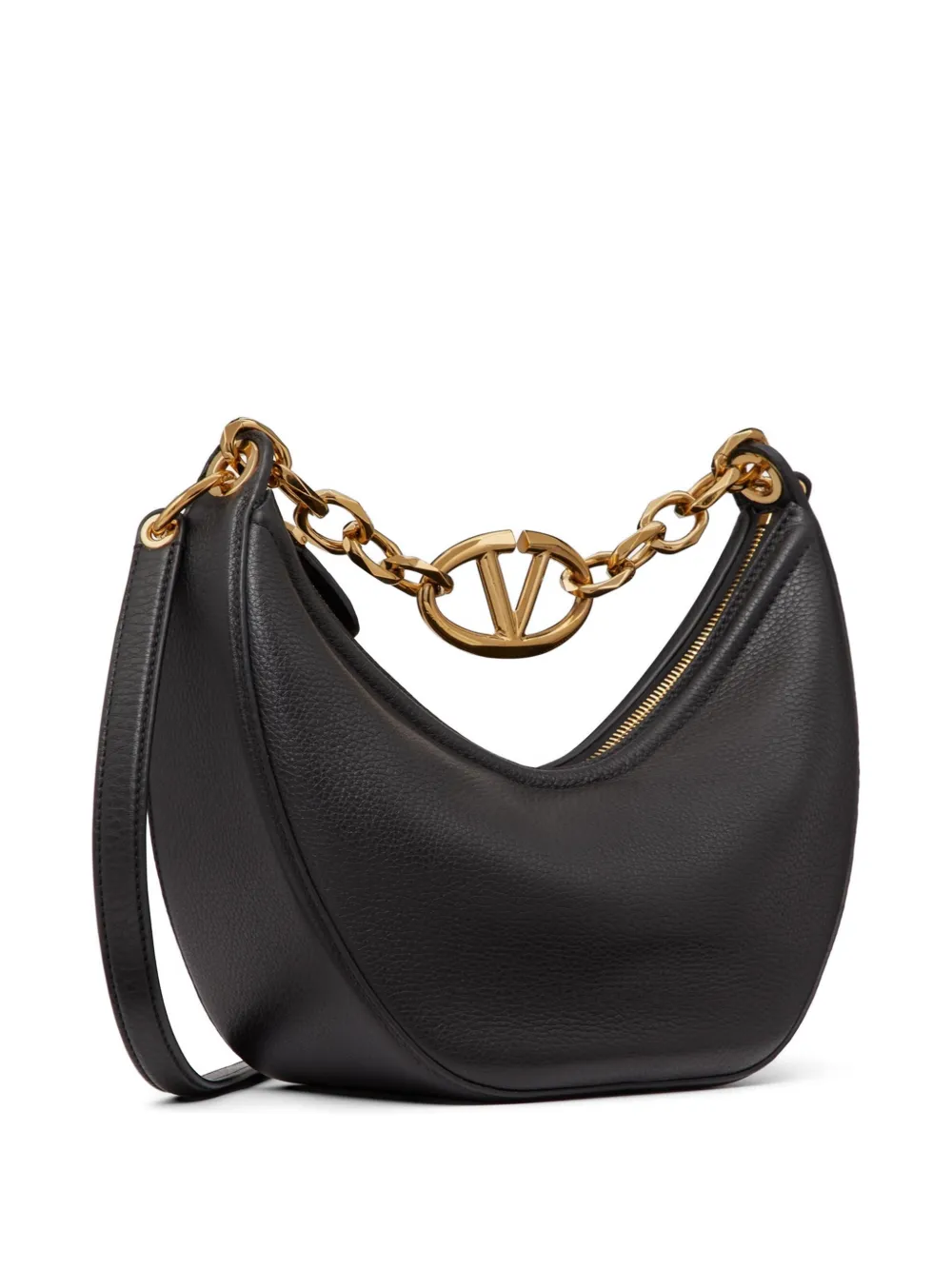 Valentino Garavani Small Vlogo Moon Shoulder Bag in Grainy Calfskin with Chain in Black, view 3