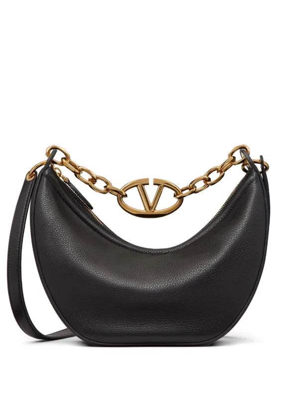 Valentino Garavani Small Vlogo Moon Shoulder Bag in Grainy Calfskin with Chain in Black