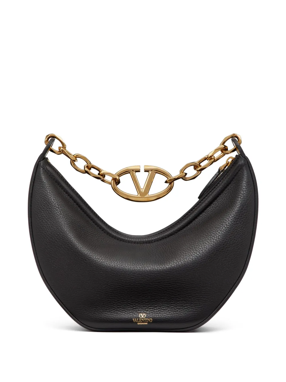 Valentino Garavani Small Vlogo Moon Shoulder Bag in Grainy Calfskin with Chain in Black, view 2