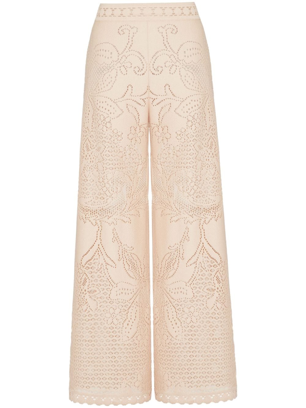 Valentino Floral-embroidered Wide-leg Trousers In Neutrals
