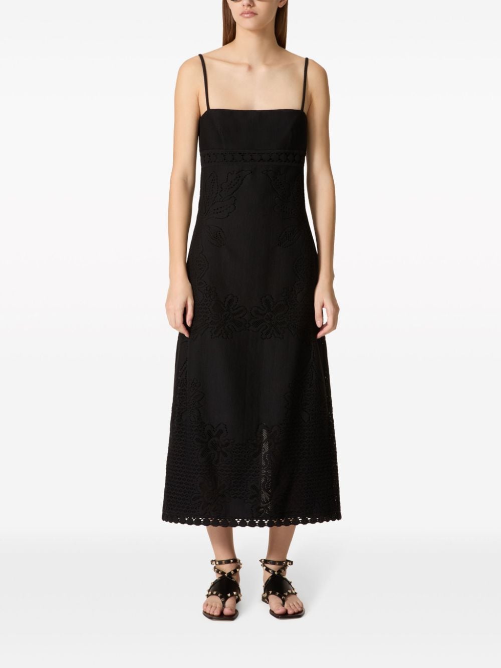 Shop Valentino Cotton Midi Dress In Black