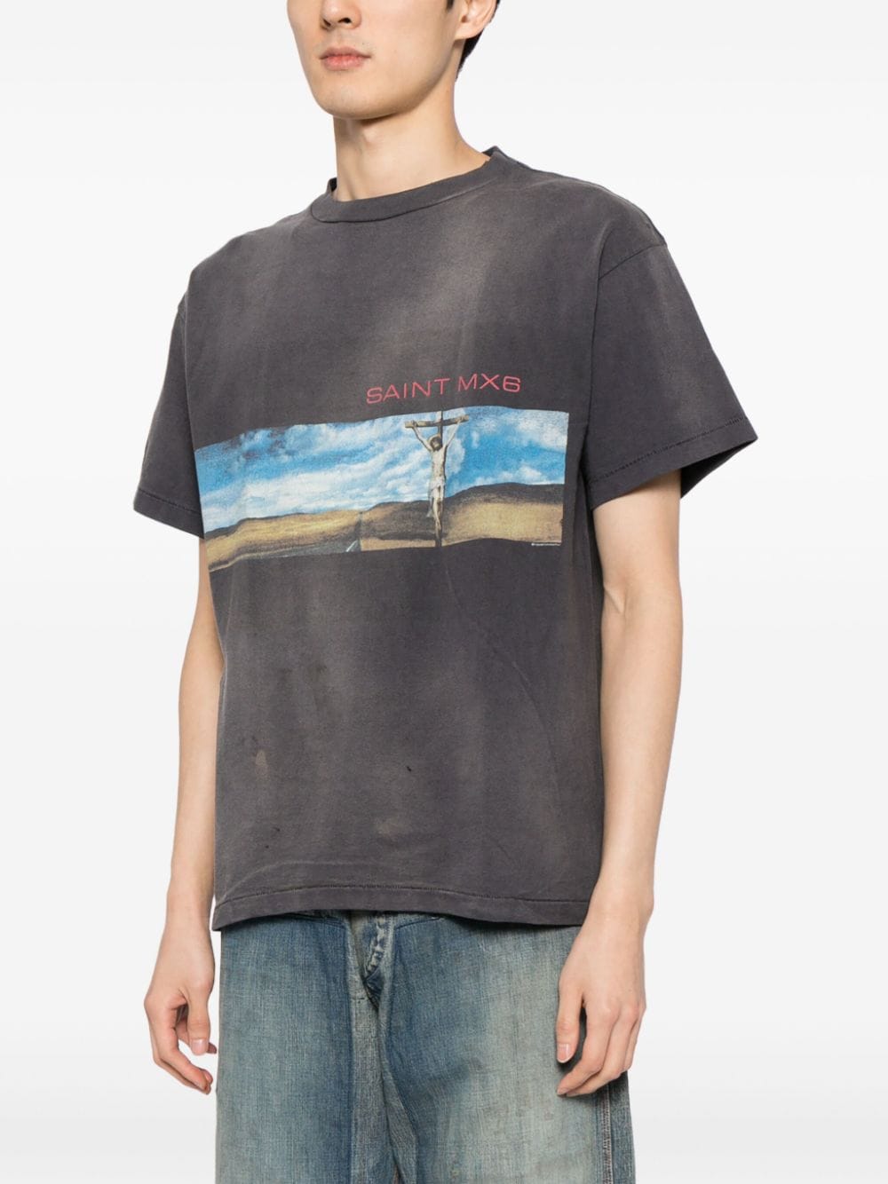 Shop Saint Mxxxxxx Painterly-print Cotton T-shirt In Grey