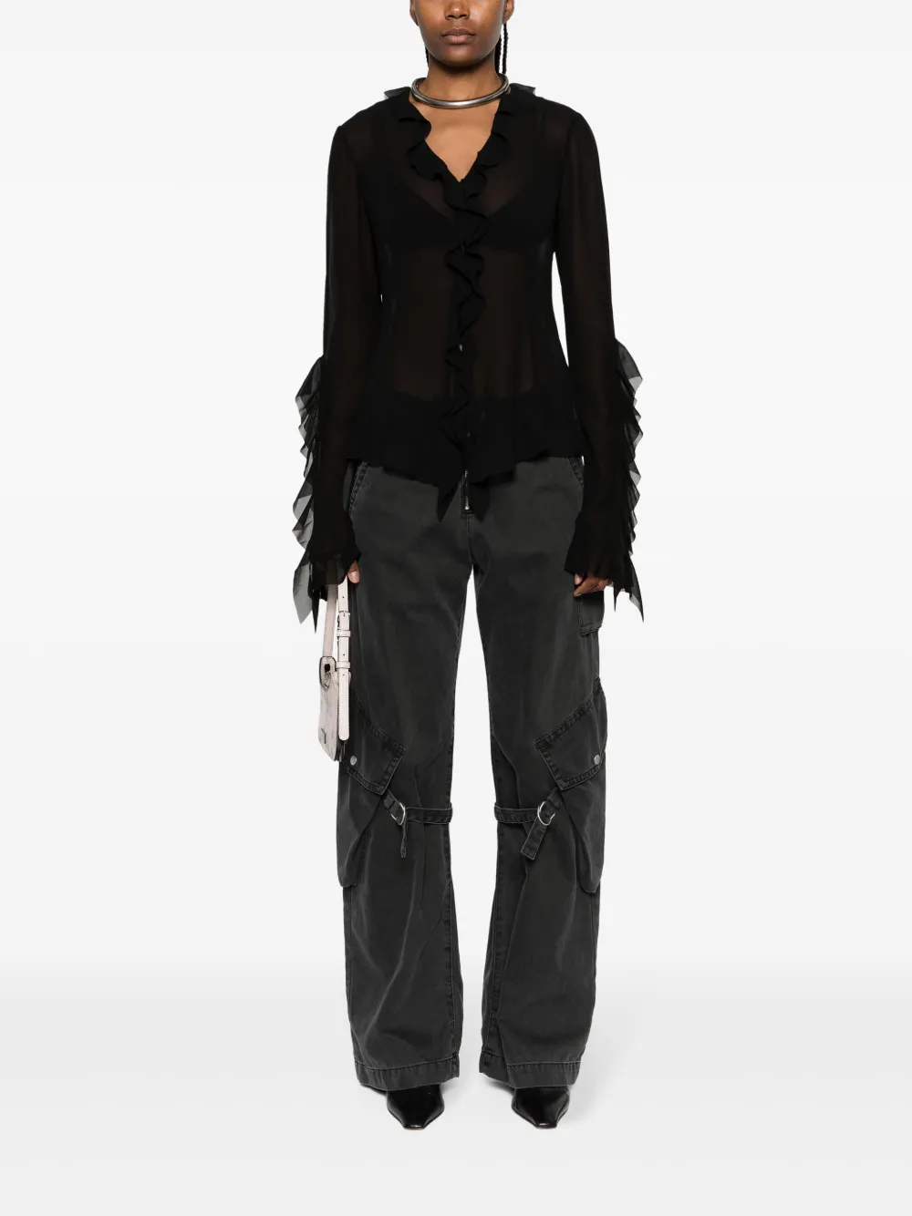 Acne Studios ruffle-detail long-sleeved blouse - 900-BLACK