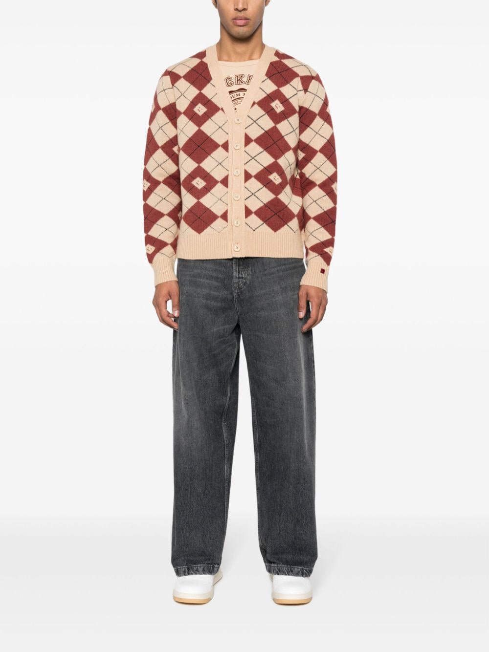 Shop Acne Studios Logo-appliqué Diamond-pattern Cardigan In Nude