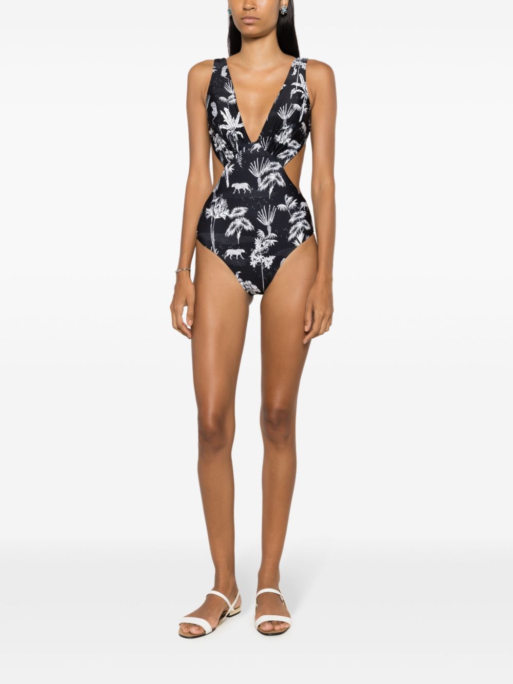 Shop Lygia & Nanny Alecis Graphic-print Cut-out One-piece In Black