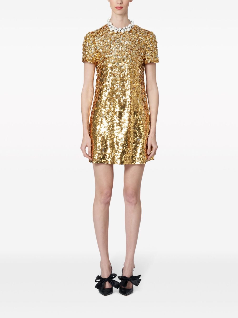 Shop Carolina Herrera Sequin-embellished Short-sleeve Minidress In Gold