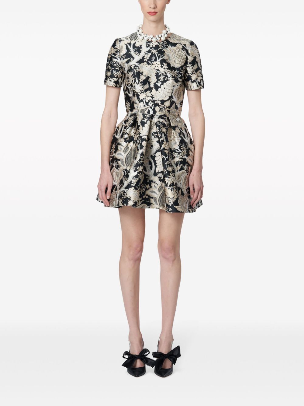Shop Carolina Herrera Floral-jacquard Short-sleeve Minidress In Neutrals